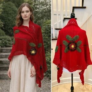Wrap Shawl with Handmade Floral Applique and Crochet Trim